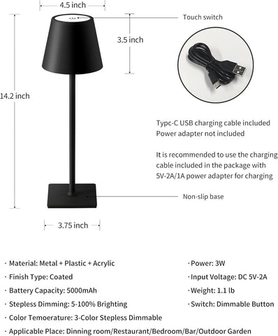 KDG 2 Pack Cordless Black Table Lamps, Rechargeable Portable LED Desk Lamps