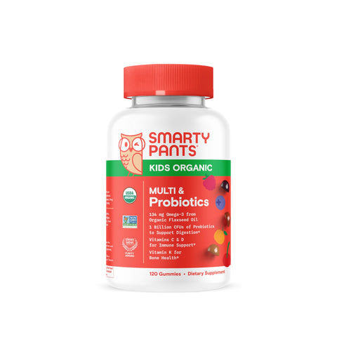 SmartyPants Organic Kids Multivitamin Gummies: Probiotics, Omega 3 (ALA), Vitamin D3, C, Vitamin B12, B6, Vitamin A, K & Zinc for Immune Support, Three Fruit Flavors, 120 Count (30 Day Supply)