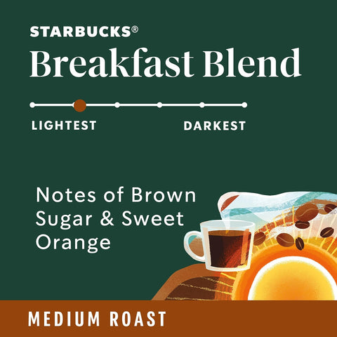 Starbucks Ground Coffee, Medium Roast Hot or Iced Coffee, Breakfast Blend, Six 12 oz Bags​ | 100% Arabica ground coffee; Medium Roast Breakfast Blend; 6 bags, 12 oz each (72 oz total)