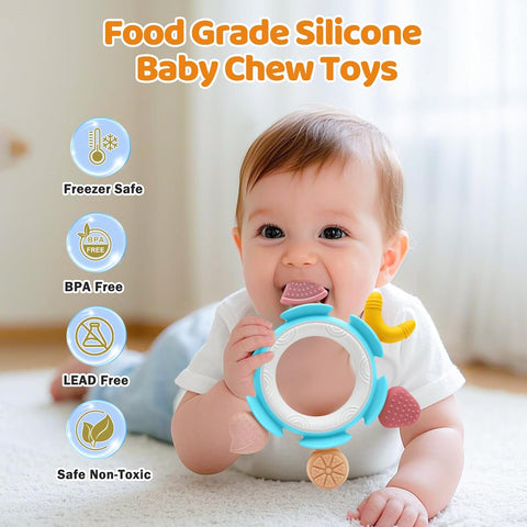 Baby Teething Toys for Babies 3-12 Months, Silicone Teething Rings for Babies, Infant Teether for Sore Gum Relief, Sensory Chew Toy Baby Teether, Baby Essentials Gift for Newborn Boys Birthday, Blue