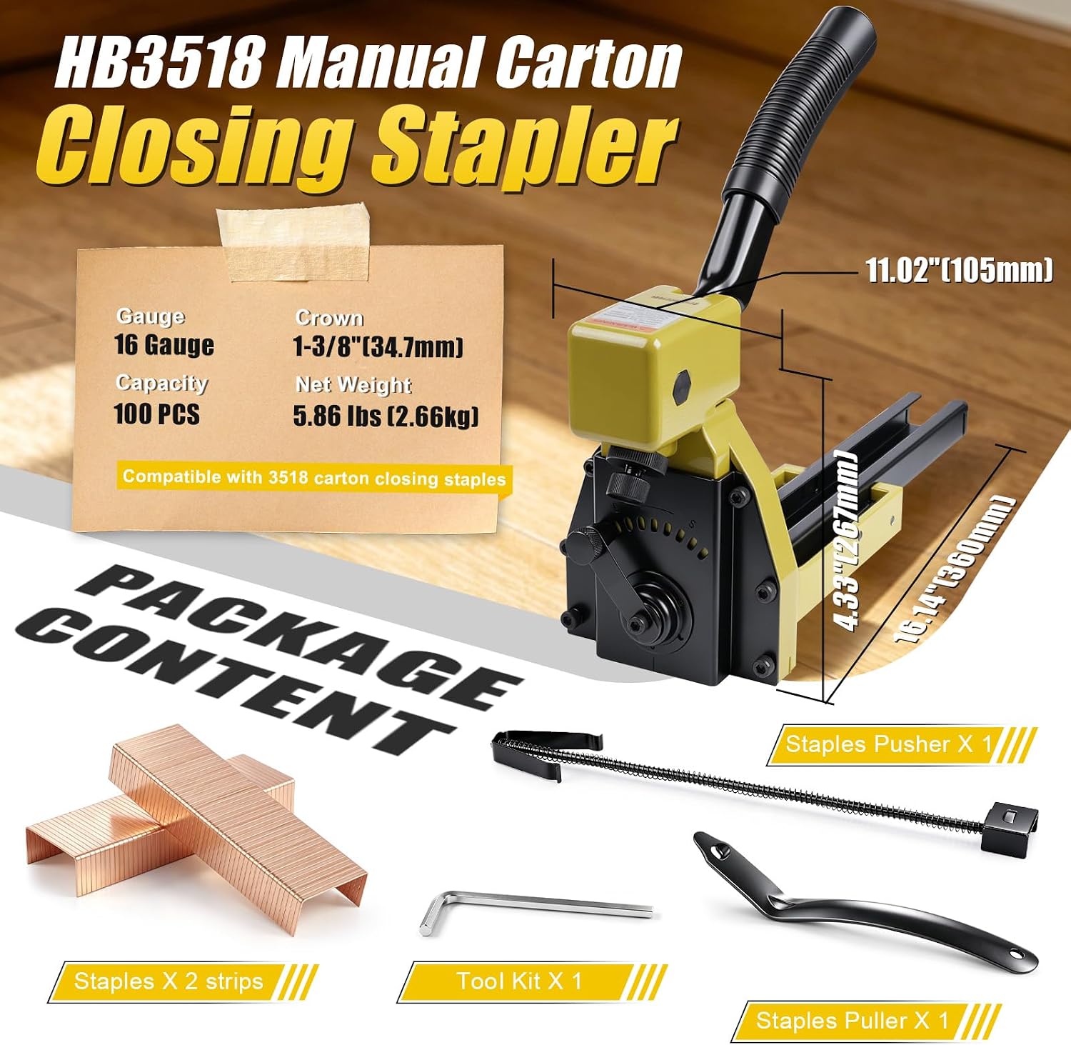 HB3518 Manual Carton Closing Stapler 16 Gauge 1-3/8" Crown