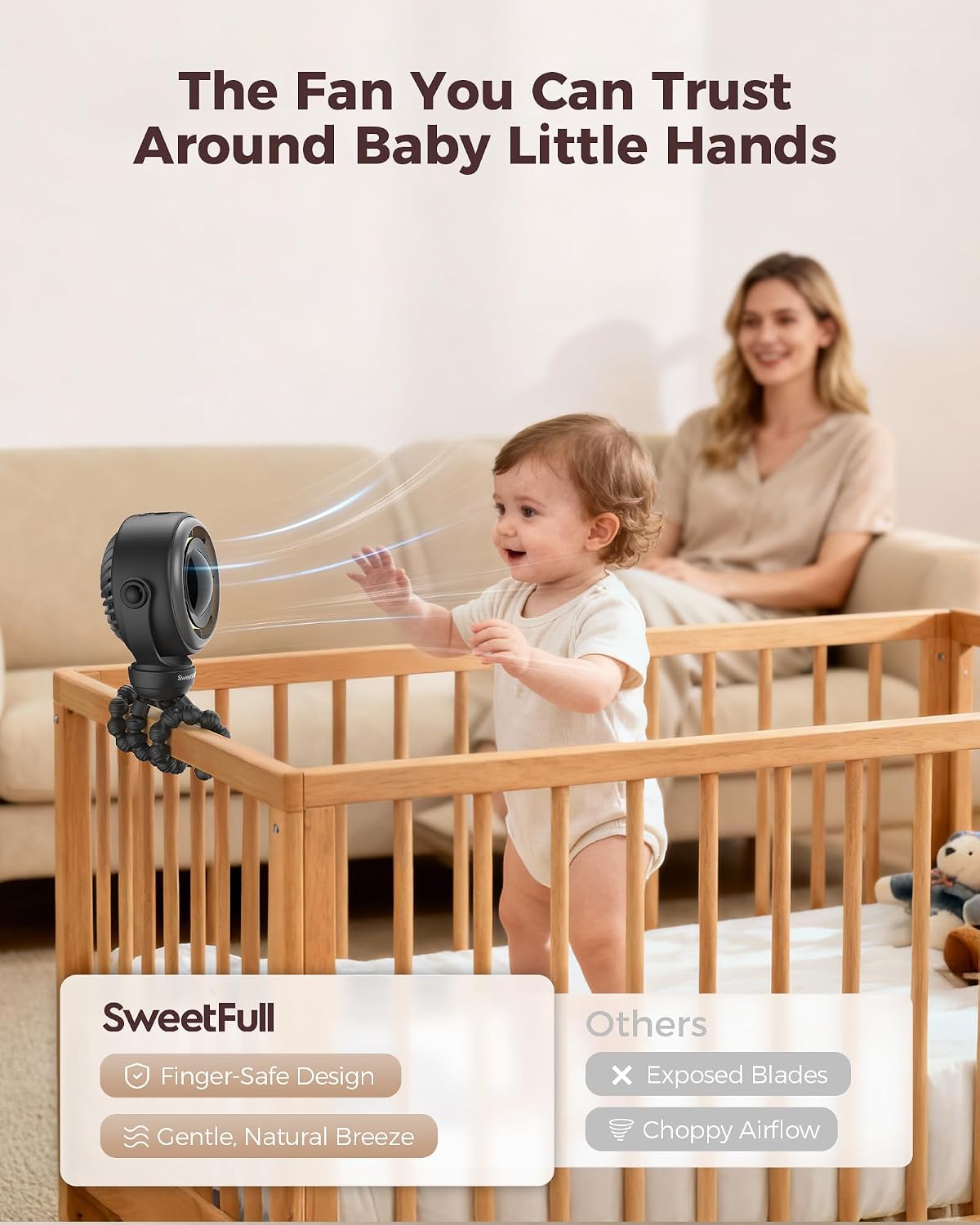 SWEETFULL Baby Stroller Fan, Safe Portable Fan, 15H Use, Nightlight - Black