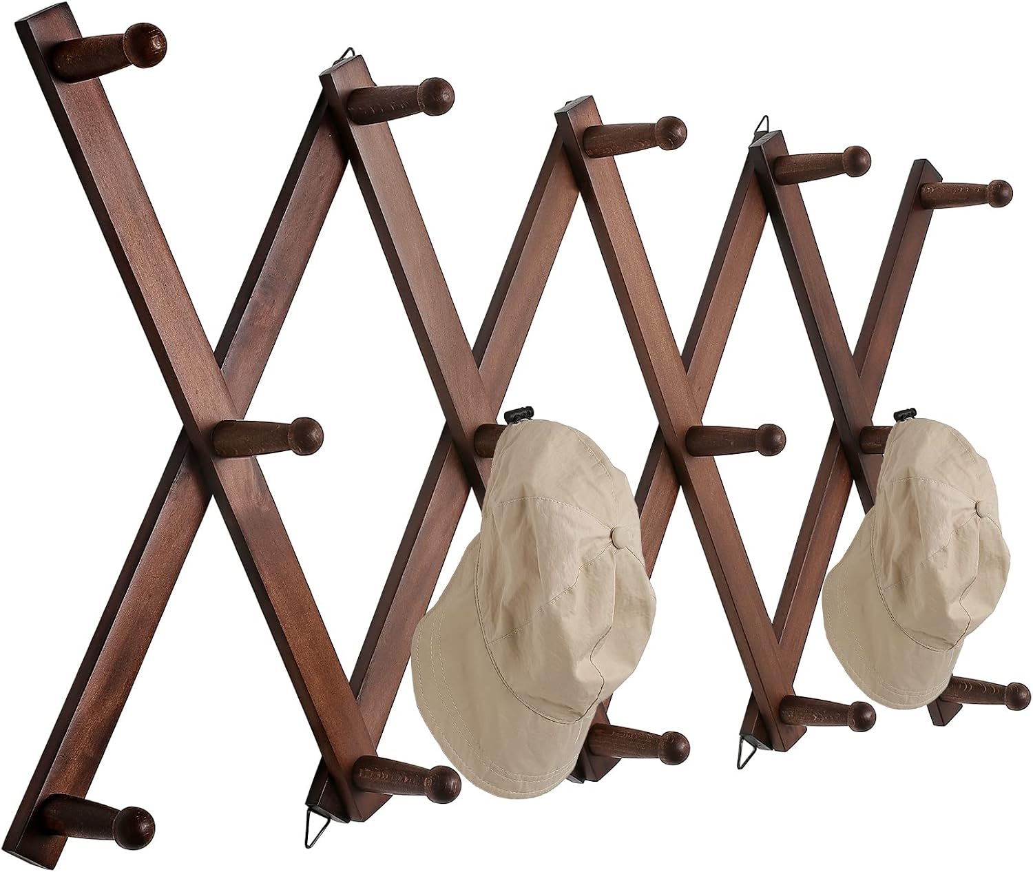 SCUNDA 16 inch High Accordion Wall Hanger with 14 Hooks, Wooden Wall Expandable Coat Rack for Coat, Hats, Baseball Caps, Coffee Mug, Jewelry