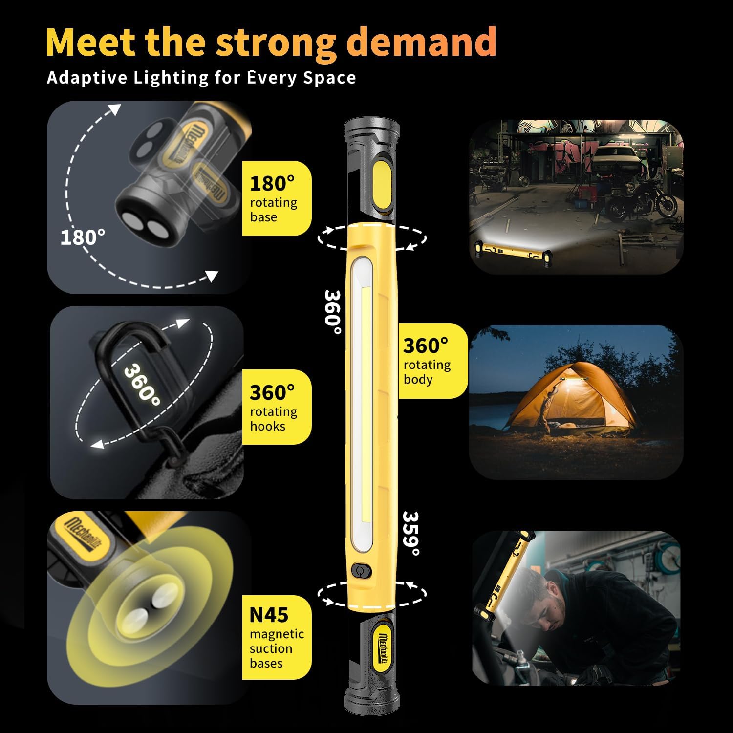 Magnetic Cordless Under Hood Work Light Bar for Mechanic-Yellow