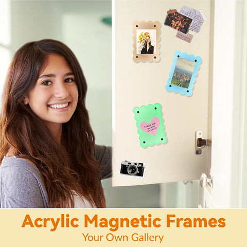 10 Pack 2.36 x 3.54 Inch Acrylic Fridge Magnetic Frame Scalloped, Double Sided Polaroid Frame, Magnet Picture Frames for Fridge suit Fujifilm Instax Mini, Frames for Fridge/Locker, Colorful Set