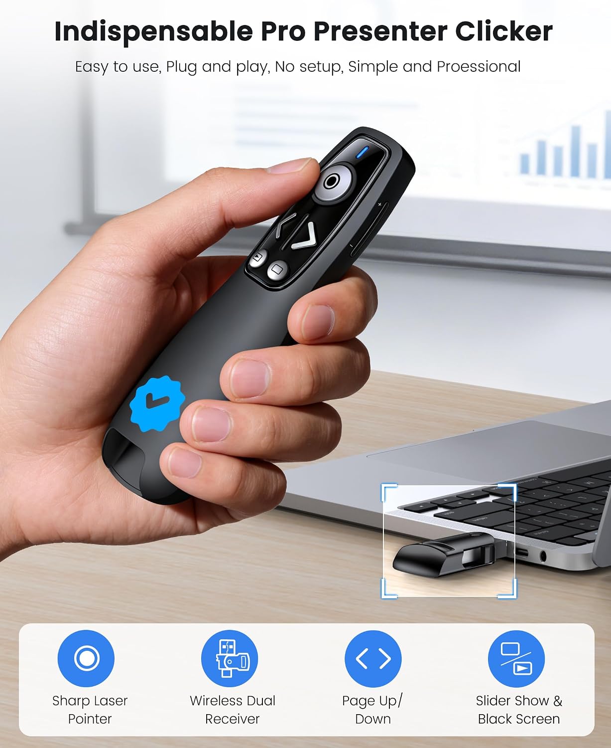 Wireless Presenter Clicker with Bluetooth & USB+Type-C Receiver, Red Laser Pointer, Powerpoint Clicker with Volume Control for PowerPoint/Keynote/Google Slides, Compatible with Laptop/Mac/PC/Android