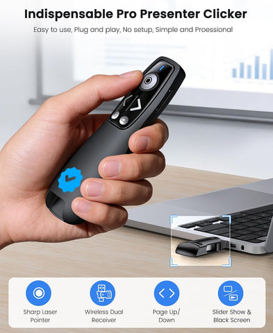 Wireless Presenter Clicker with Bluetooth & USB+Type-C Receiver, Red Laser Pointer, Powerpoint Clicker with Volume Control for PowerPoint/Keynote/Google Slides, Compatible with Laptop/Mac/PC/Android
