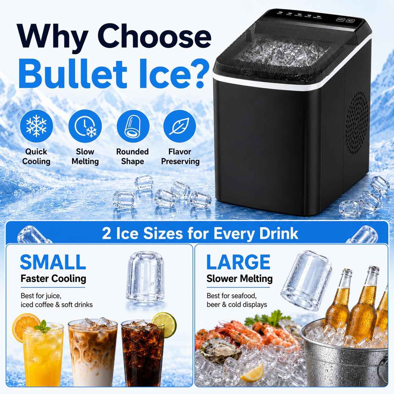 Anypro Countertop Ice Maker Machine, Portable Bullet Ice Maker, 9 Cubes Ready in 6 Mins, 33Lbs/24H, 2 Ice Sizes, Self Cleaning Ice Maker, Basket & Scoop, Compact Ice Machine for Home Kitchen Office RV