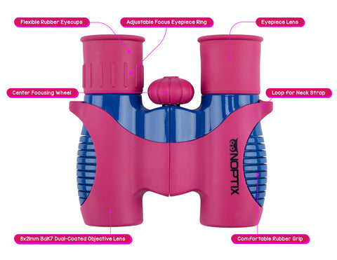 Kids Binoculars girls or boys Real Binoculars in vibrant Pink and Blue - for ages 3 to 14 - includes Sticker Book of 40 Birds with species names