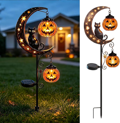 Pumpkin Moon Garden Stake Light & Black Cat Garden Stake Light, Outdoor Halloween Decorations with LED Lantern, Solar Halloween Lights for Lawn, Pathway, Porch, Patio
