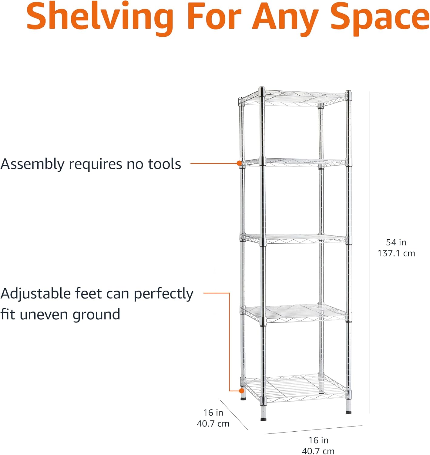 Amazon Basics 5-Shelf Tower Adjustable Storage Shelving Unit, Chrome, 16" x 16" x 54", 150 lbs Per Shelf