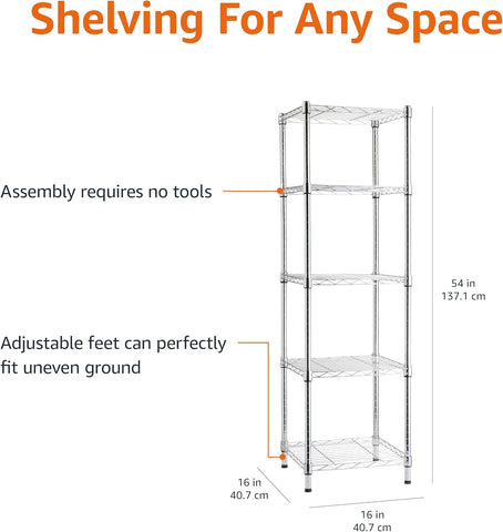 Amazon Basics 5-Shelf Tower Adjustable Storage Shelving Unit, Chrome, 16" x 16" x 54", 150 lbs Per Shelf
