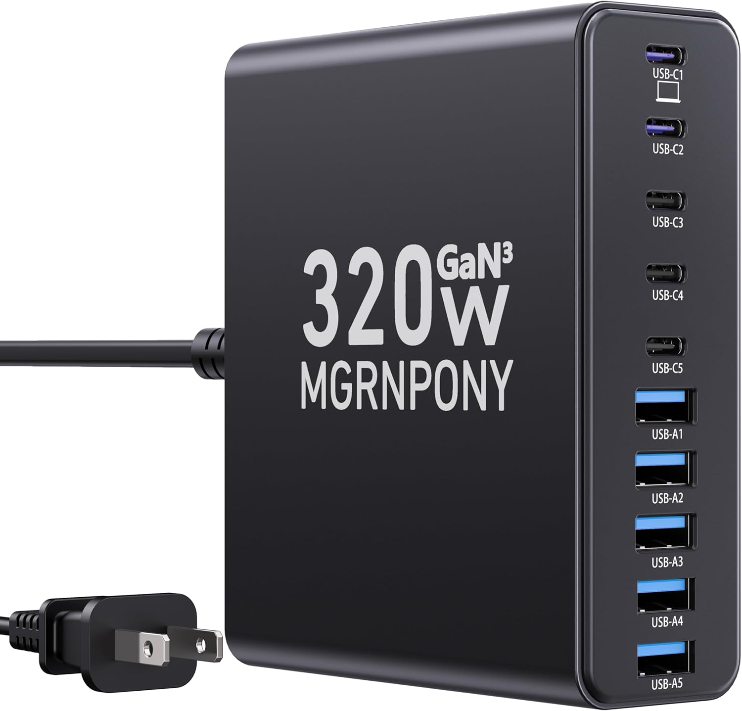 320W USB C Charger Block, MGRNPONY 10-Port GaN USB C Charging Station Black