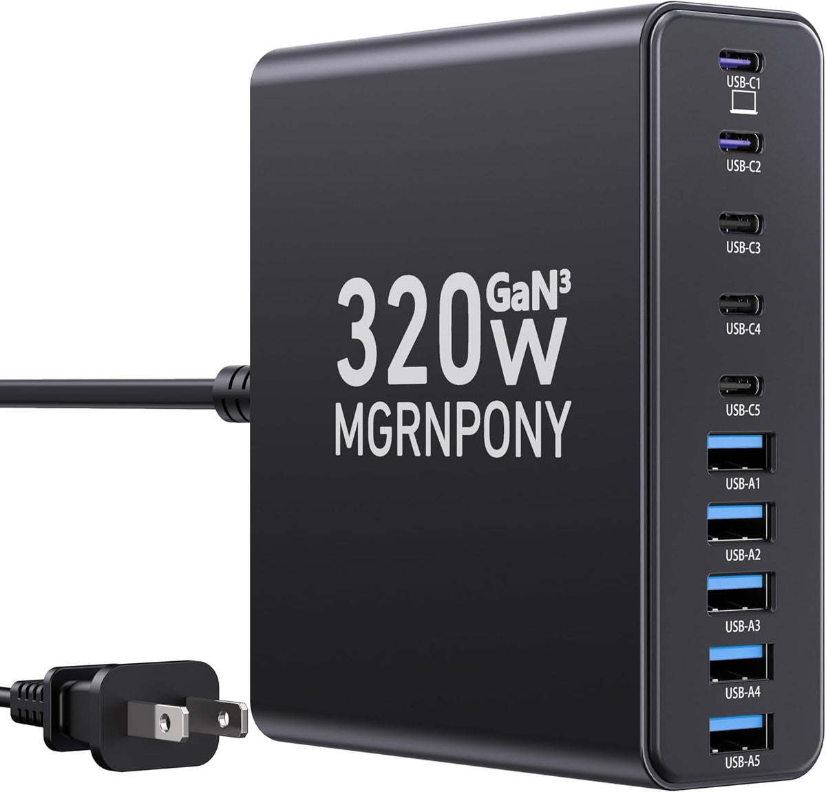 320W USB C Charger Block, MGRNPONY 10-Port GaN USB C Charging Station Black