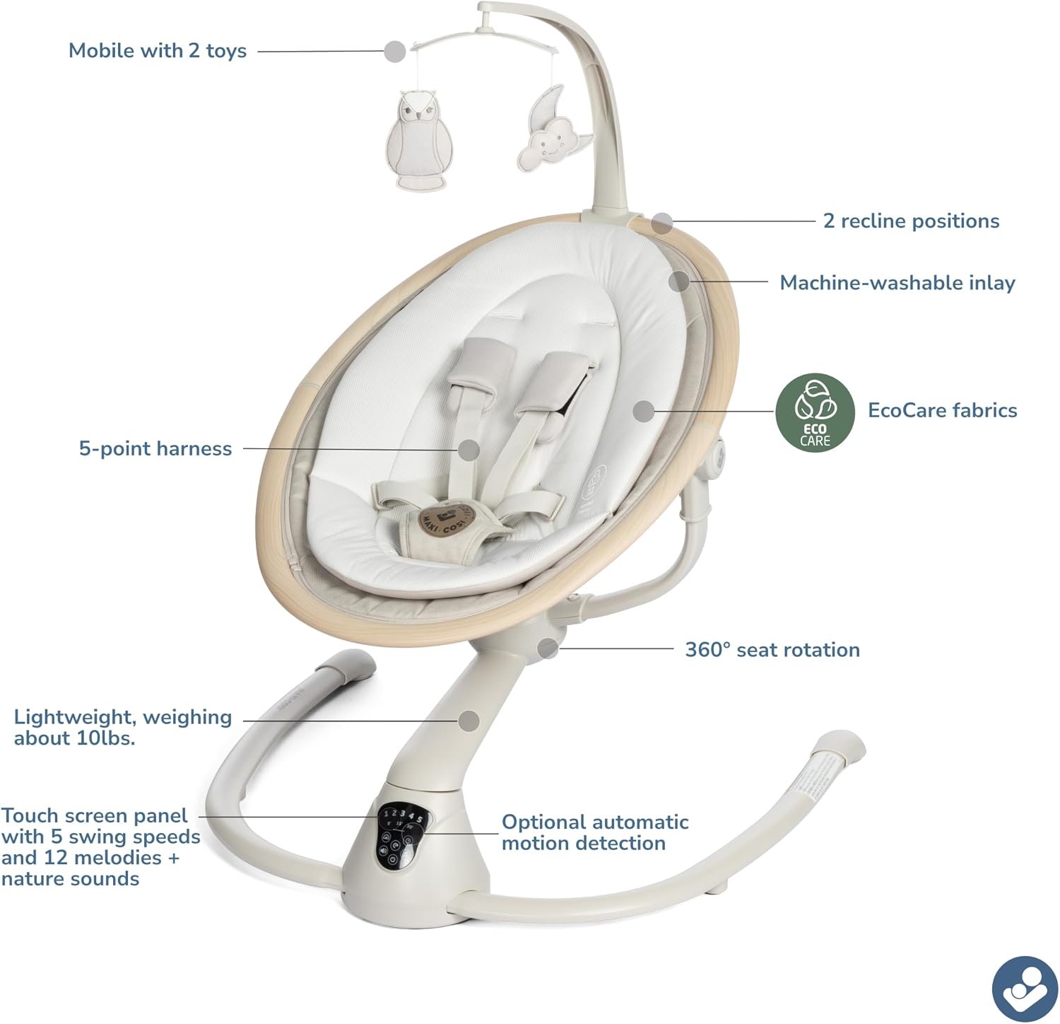 Maxi-Cosi Cassia Smart Baby Swing for Infants, Portable, Foldable Infant Swing with Music, 360 Rotation, 5 Speeds, 12 Melodies, EcoCare Fabric, Auto Motion Sensor, 2 Reclines, Classic Oat