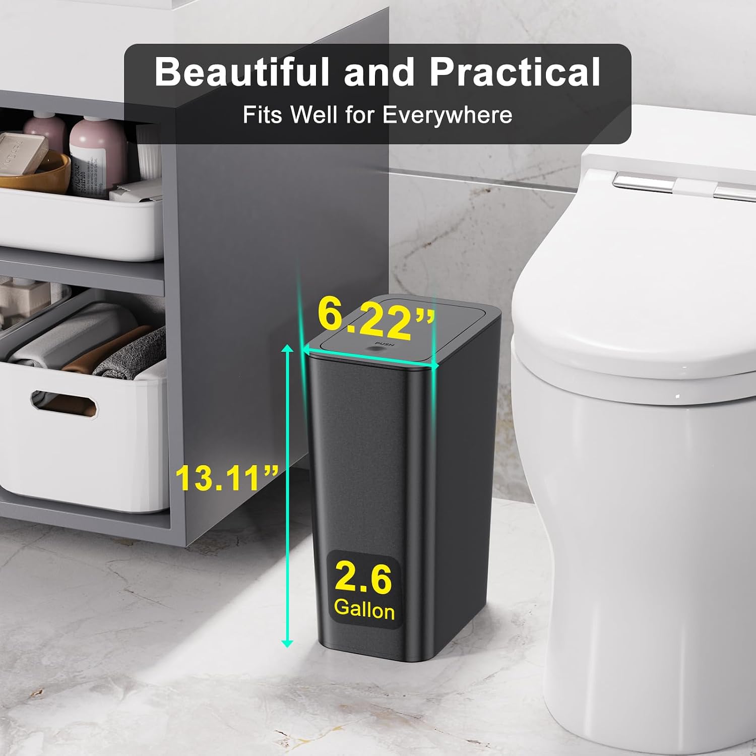 NETDOT 3 Pack 10 L/2.6 Gal Bathroom & Kitchen Trash Can with Press Type Lid, Black Slim Garbage Cans for Bathroom, Kitchen, Office, Bedroom