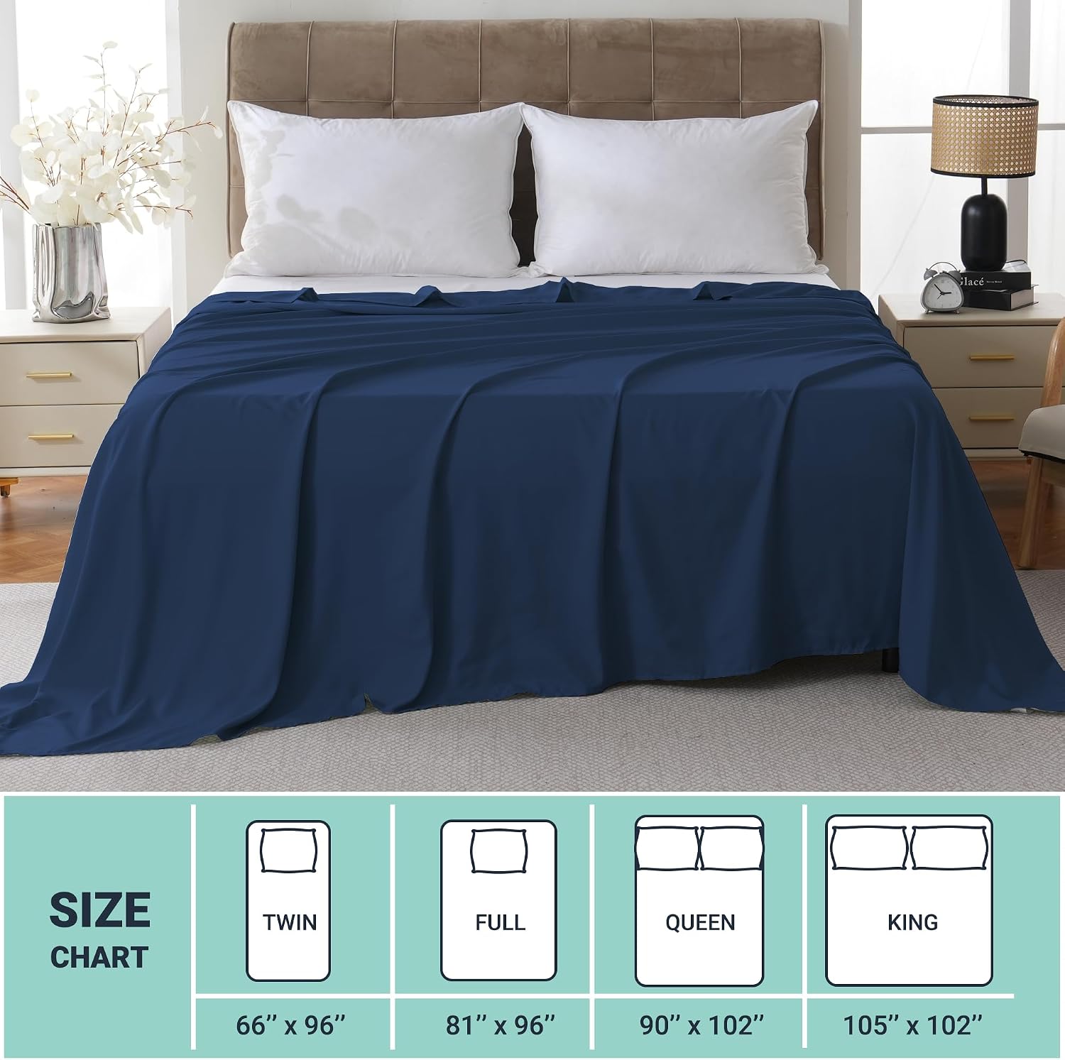 ZPECC King Flat Sheets Only Navy 1 Pack, Color-Coded Hem Threads