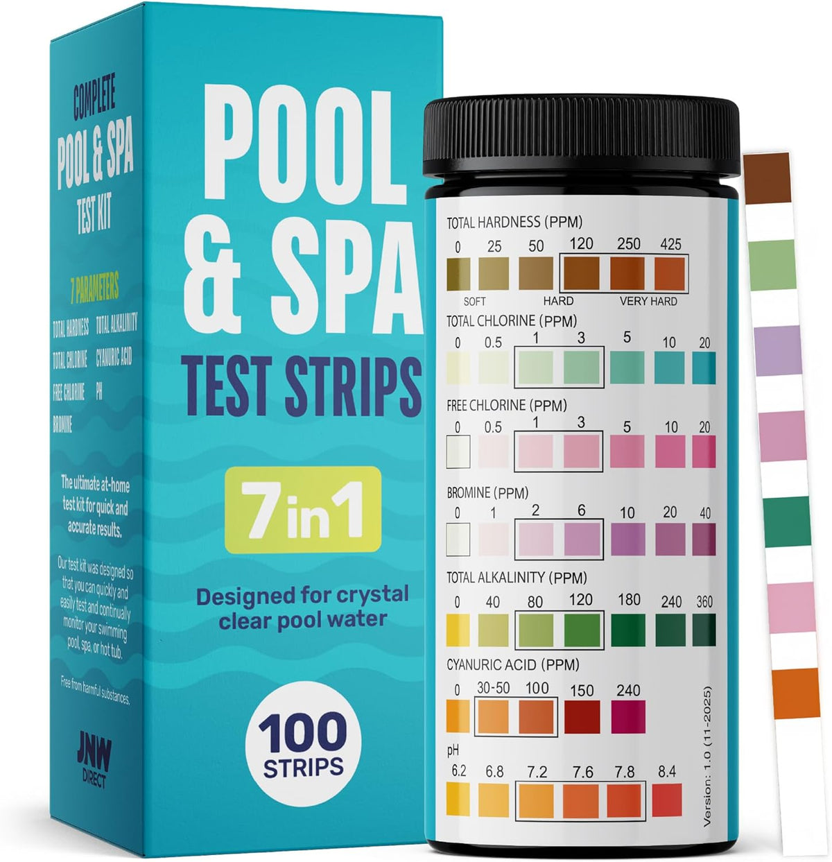 JNW Direct Pool Test Strips for Pools and Spas - 7 in 1 Water Test 100 Pack