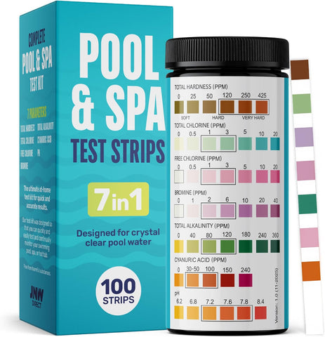 JNW Direct Pool Test Strips for Pools and Spas - 7 in 1 Water Test 100 Pack
