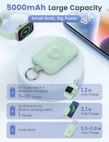 RORRY Portable Charger, 5000mAh Portable Charger Power Bank with Built-in Cables, Travel Keychain Battery Pack for Apple Watch Ultra 2/9/8/Ultra/7/6/SE/5, iPhone 16/15/14/13/12, Green