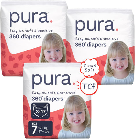 Pura Hypoallergenic Diaper Pants Size 7 (37+ lbs) Overnight, up to 12 Hours Leak Protection, Suitable for Sensitive Skin, Totally Chlorine Free, Soft Organic Cotton, 3 Packs of 17 (51 Pull Up Pants)