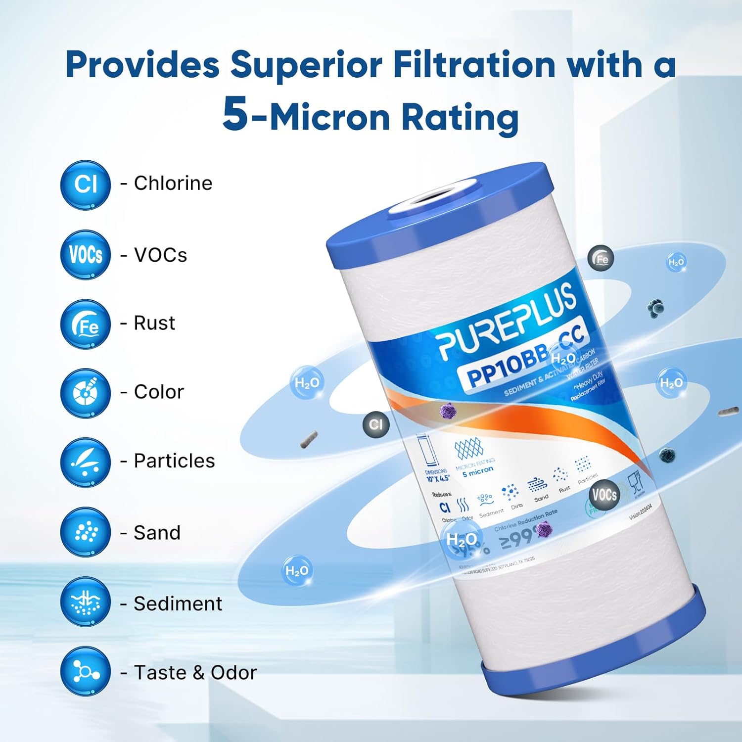 PUREPLUS 5 Micron 10" x 4.5" Whole House Sediment and Carbon Water Filter Replacement Cartridge for GE FXHTC, GXWH40L, GXWH35F, GNWH38S, Culligan RFC-BBSA, WRC25HD, PP10BB-CC, Pentek RFC-BB, 2Pack