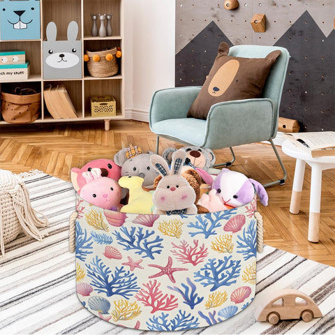 Ioracida Beach Theme Round Storage Basket, Blanket Basket for Living Room, 19.4" x 13.3" Starfish Seashell Coral Coastal Baskets for Home Toy Closet Towels Pillows Clothes, Laundry Basket with Handles