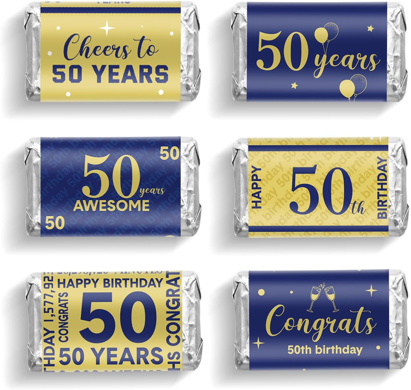 Tenare 90 Pcs 50th Birthday Candy Wrappers, Blue and Gold Stickers