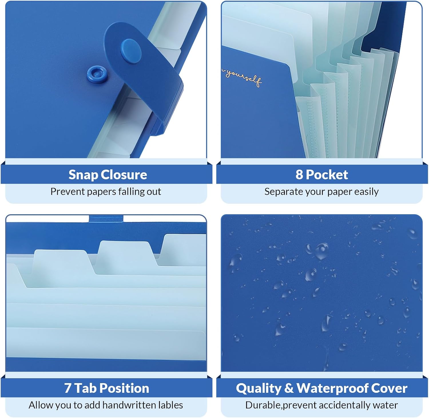 SKYDUE Expanding File Folder, Accordion File Organizer with 8 Pocket, Expandable Document Paper Receipt Holder for School Office Hospital, Letter/A4 Size Blue