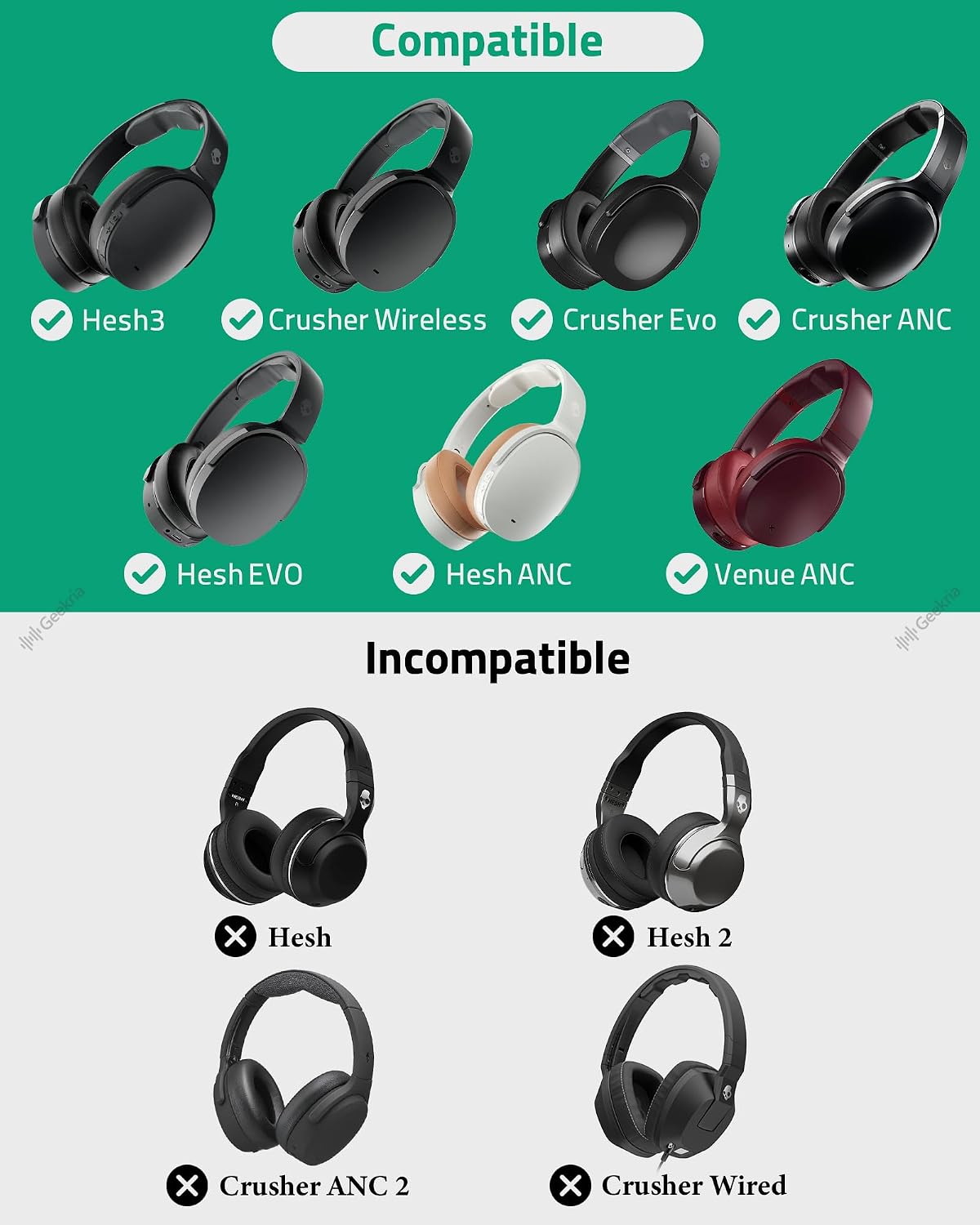 Geekria Replacement Ear Pads for Skullcandy Crusher Wireless/Crusher EVO/Crusher ANC, Hesh 3/ Hesh EVO/Hesh ANC, Venue ANC Headphones, Repair Parts with Video Guide (Deep Red)