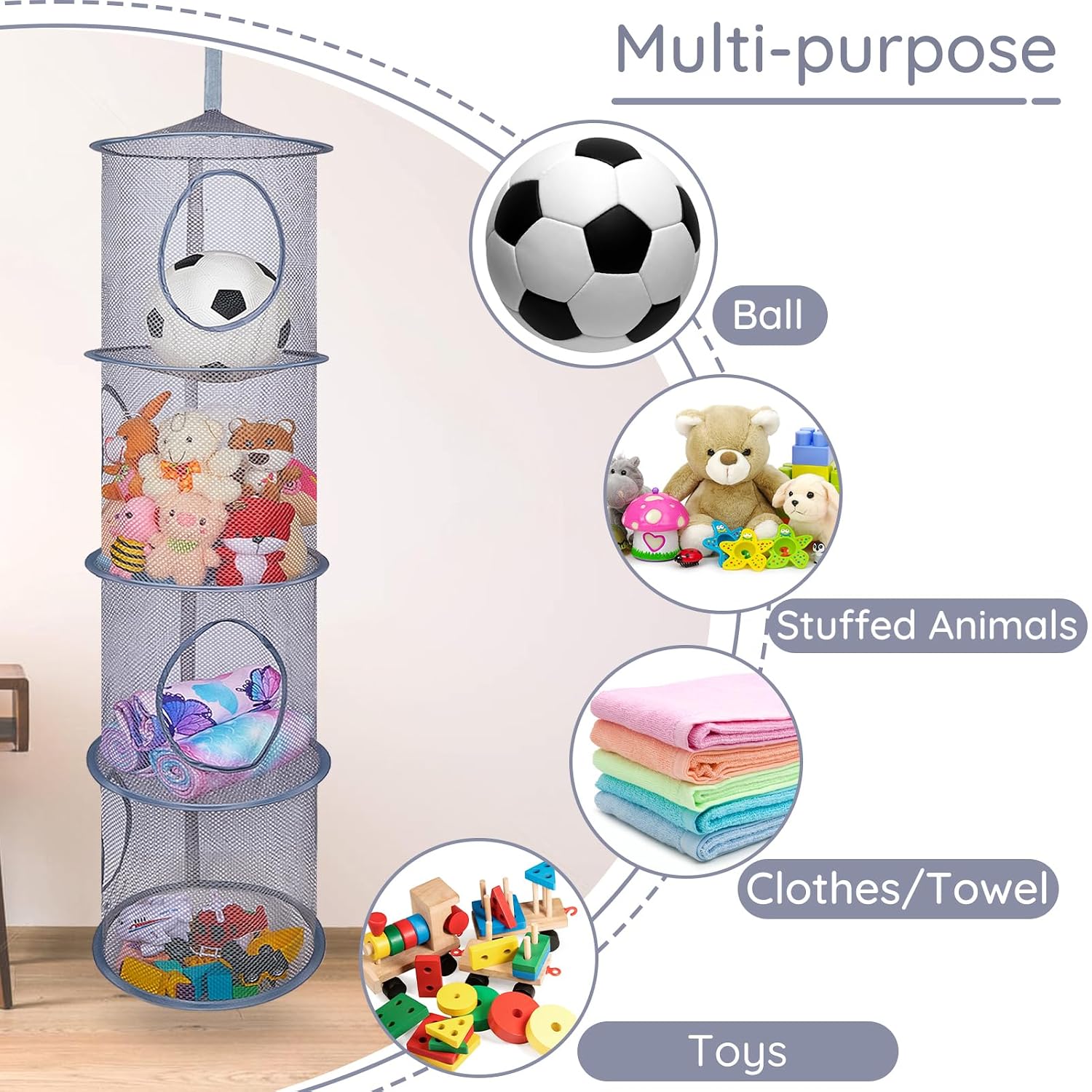 Basumee Hanging Stuffed Animals Storage, 2 Pack Mesh Plush Storage, 4-Tier