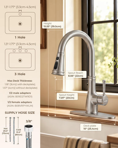 WEWE Vintage Kitchen Faucet, Pull-Down Sprayer, Brushed Nickel, High Arc