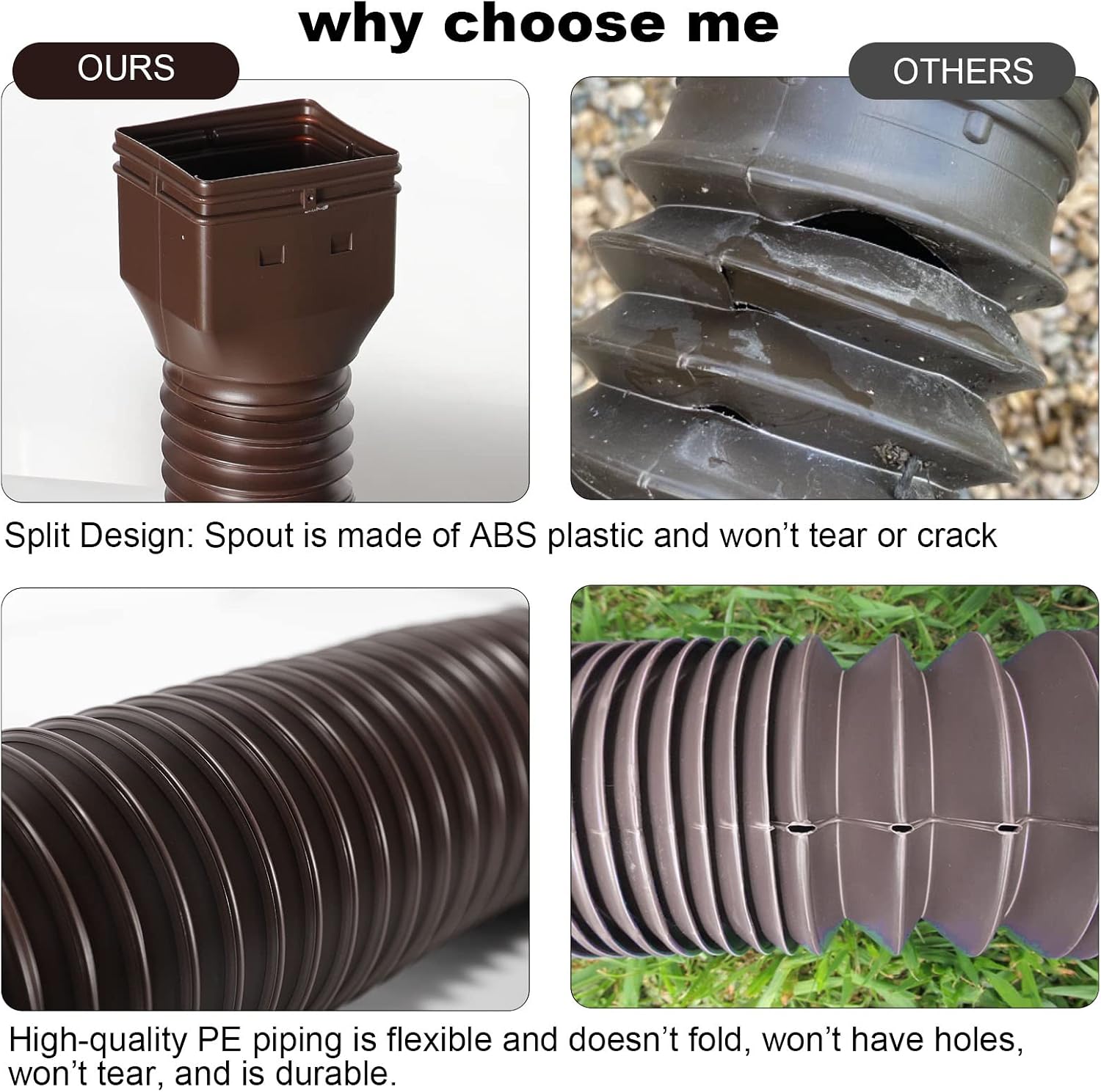 plusgutter 16.5ft Long Gutter Downspout Extensions Flexible, 4" Diameter Drain Downspout Extender, Down Spout Drain Extender for Rainwater Drainage, Extendable from 3.4ft to 16.5ft(1Pack Brown)
