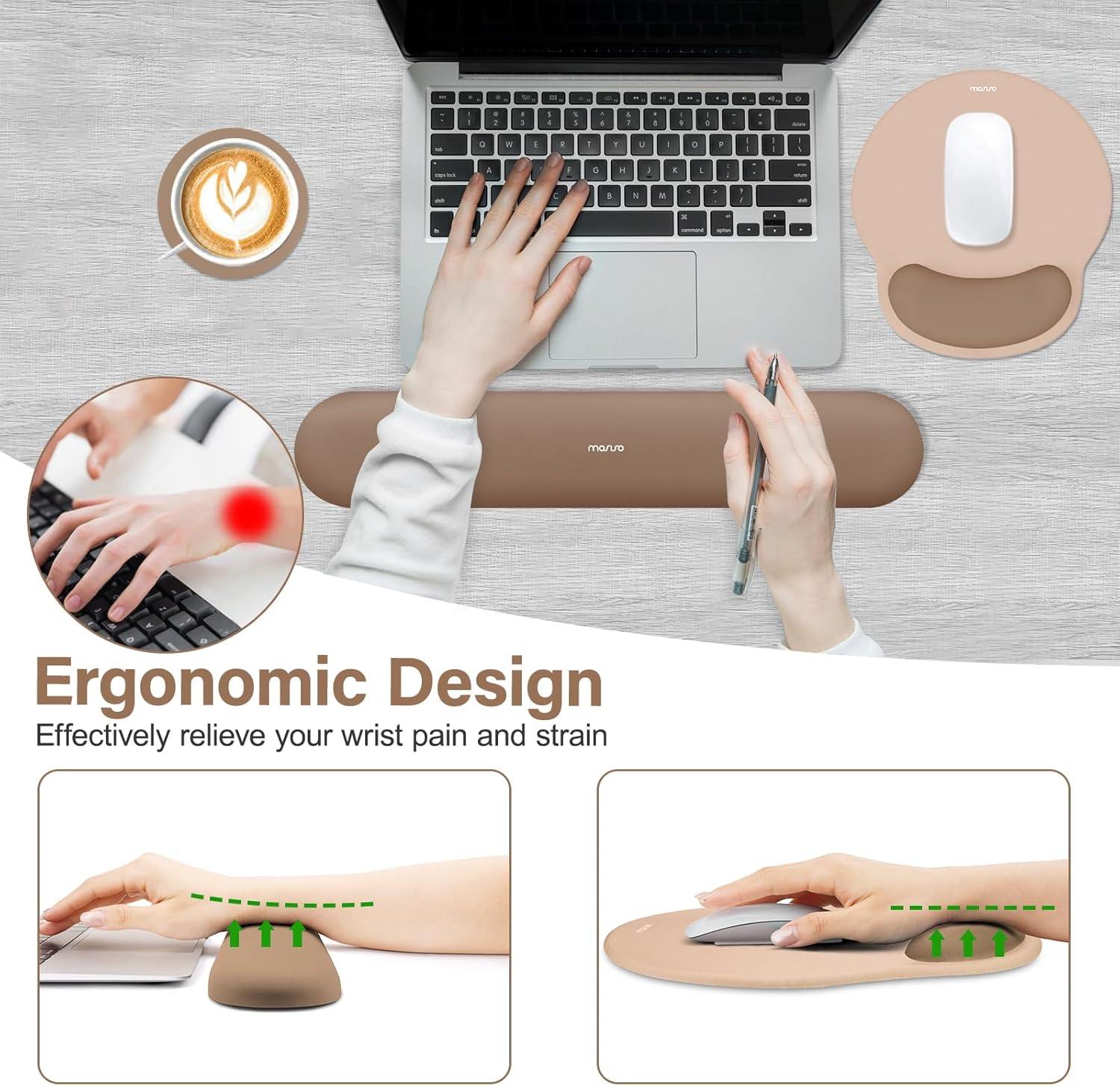 MOSISO Wrist Rest Support for Mouse Pad&Keyboard Set, Mocha