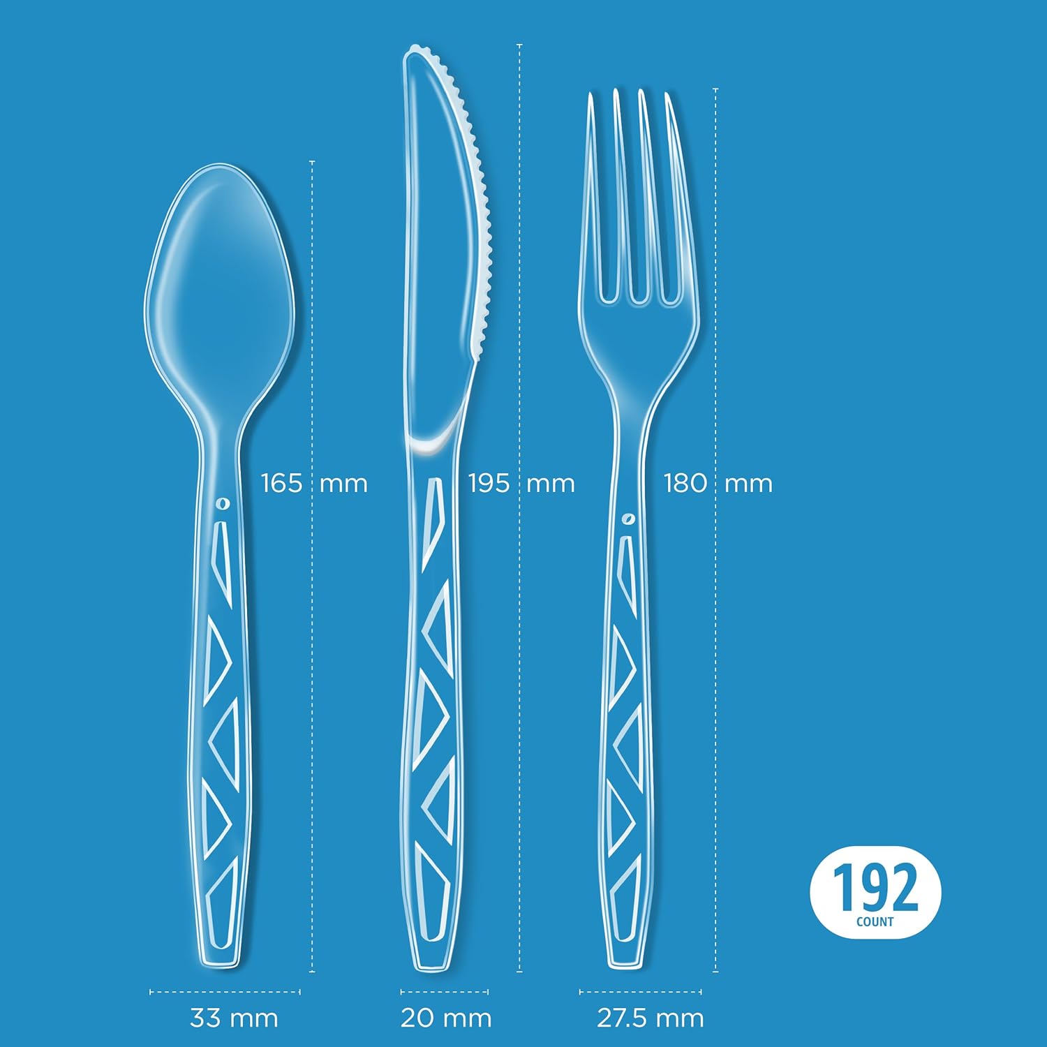 Amazon Basics Disposable Clear Plastic Cutlery Set, Premium Quality, Strong, 192 Count, Large Combo Pack Forks, Spoons and Knives
