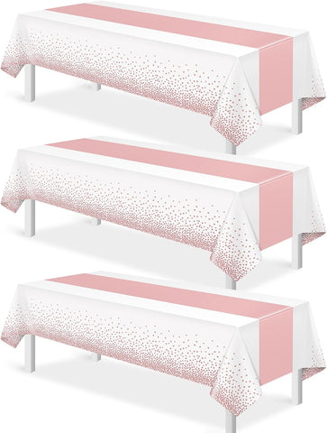 3Pcs White and Rose Gold Tablecloth Party Decorations,Plastic White Table Cloth Printed Rose Gold Table Runner Disposable Rectangle Cover for Birthday Anniversary Wedding Grad Party,54 x108 Inch