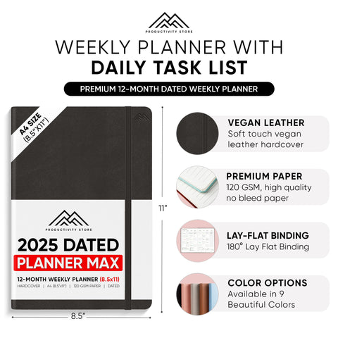 Dated, 2025 Planner, 8.5" x 11" - The #1 Productivity Planner to Achieve Your 2025 Goals - Planner 2025-2026 by PRODUCTIVITY STORE (A4, BLACK)