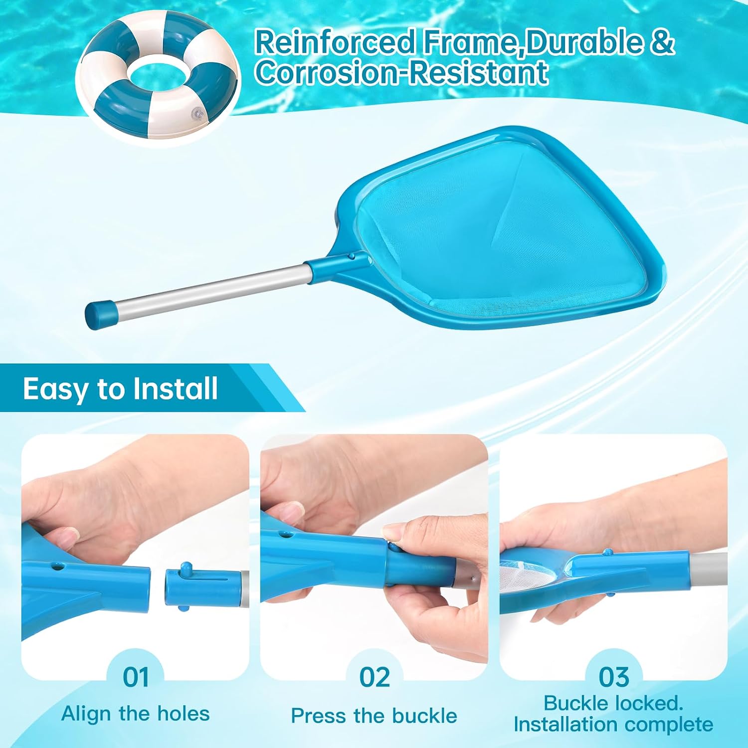 Pool Net, Professional Swimming Pool & Hot Tub Skimmer Net Accessories, Pool Leaf Rake Cleaning Tool with Pole, Fine Nylon Mesh Bag, Easy to Clean Bugs,Leaves,Debris(Blue)