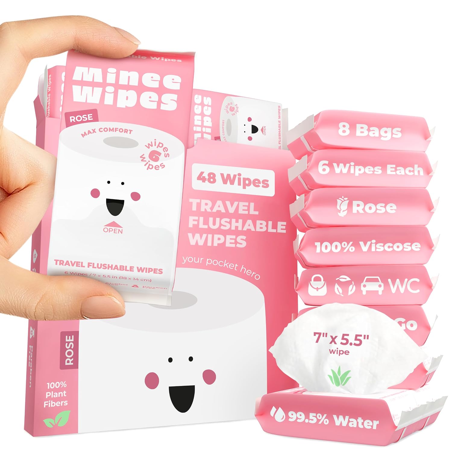 Impossibly Compact Travel Flushable Wipes - 99.5% Water and Aloe - Safe for Sensitive Skin - Travel Essentials for Adults & Kids, Rose, 8 Pack 48 Wipes