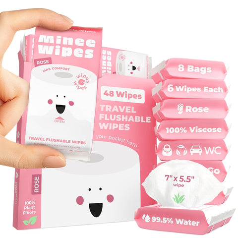 Impossibly Compact Travel Flushable Wipes - 99.5% Water and Aloe - Safe for Sensitive Skin - Travel Essentials for Adults & Kids, Rose, 8 Pack 48 Wipes