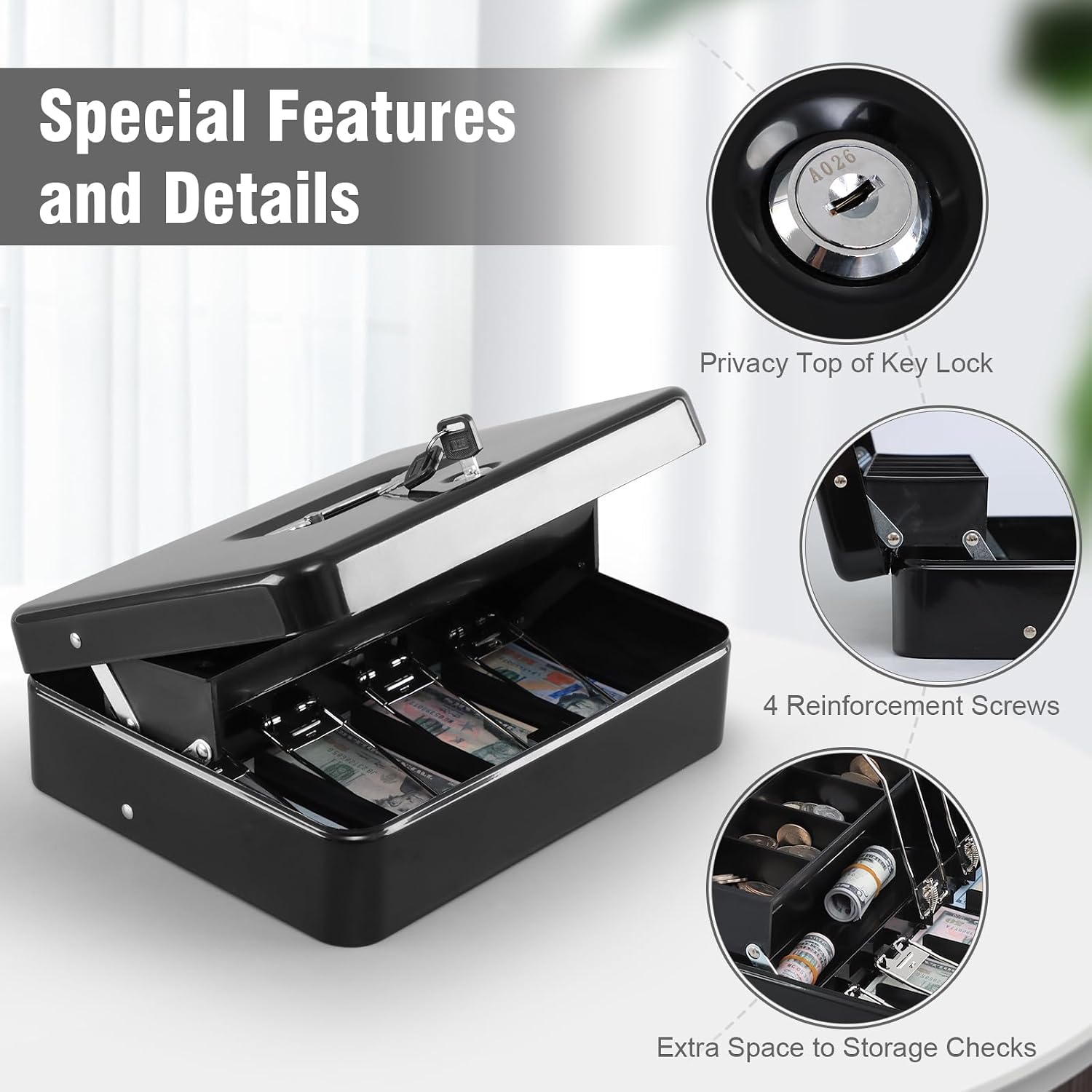KYODOLED Cash Box with Top Key Lock–0.7mm Metal Money Box for Flea Market Vendors, Craft Fairs & Small Business, Portable Cash Drawer with Auto-Pop Coin Tray & Windproof Bill Clips (11.8", Black)