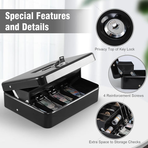 KYODOLED Cash Box with Top Key Lock–0.7mm Metal Money Box for Flea Market Vendors, Craft Fairs & Small Business, Portable Cash Drawer with Auto-Pop Coin Tray & Windproof Bill Clips (11.8", Black)