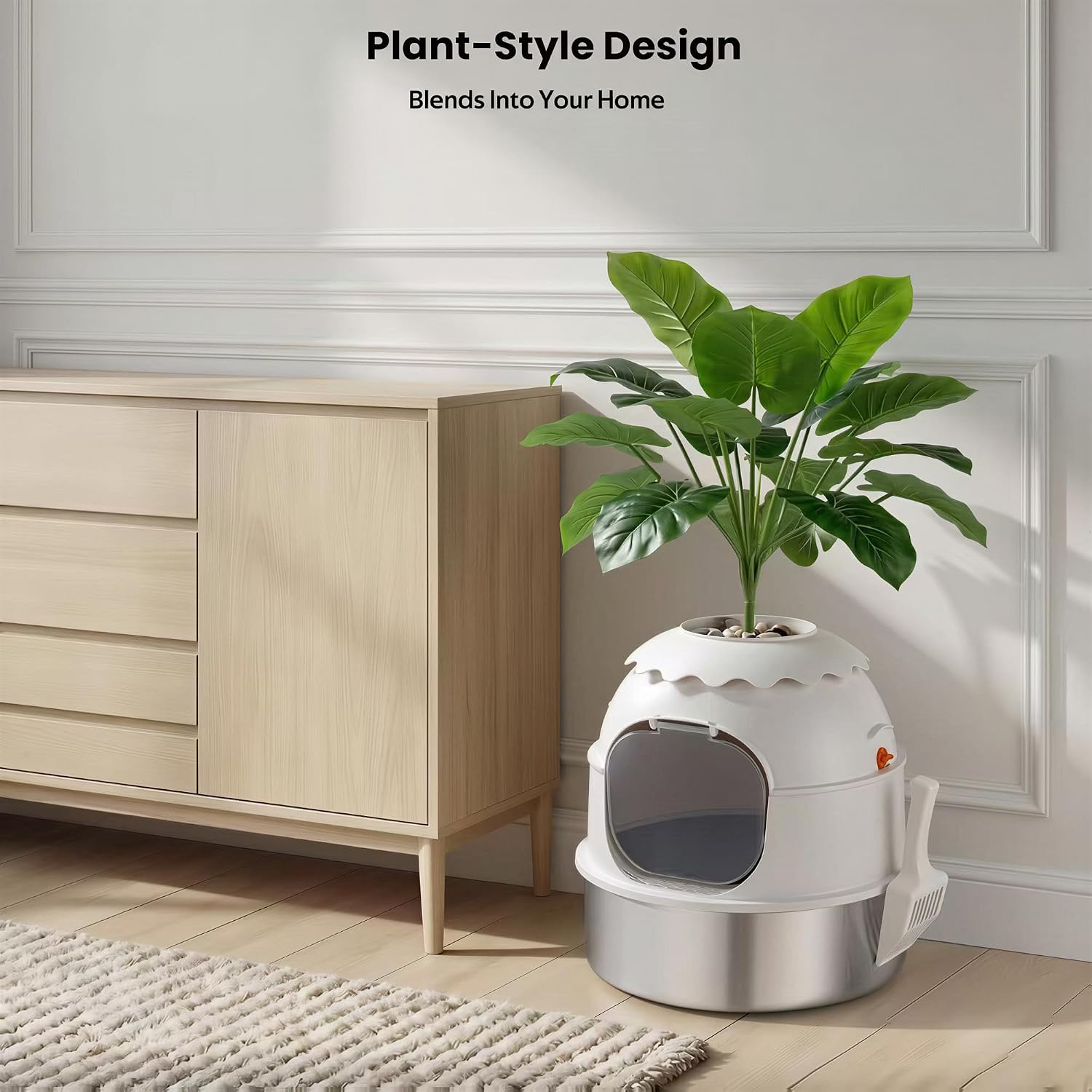 Hidden Litter Box, Stainless Steel Litter Box with Faux Plant Decor, Litter Box Enclosure with Clear Front Door, Includes Scoop & Litter Mat, Odor Control, Easy to Clean (White)