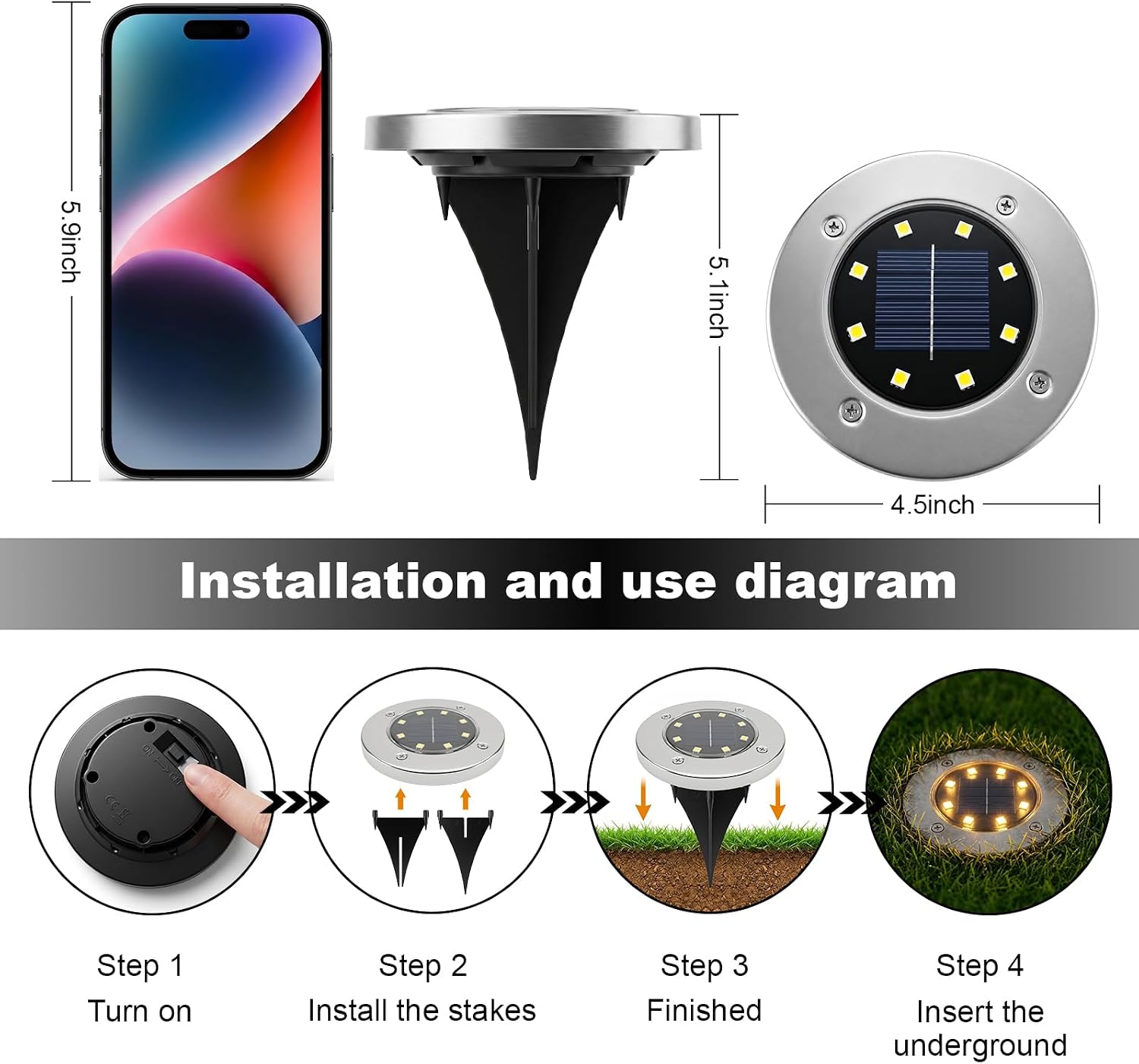 OULONGER 4.6inch Solar Ground Lights, Garden Solar Outdoor Waterproof Pathway Bright In-Ground Landscape Lights for Patio, Lawn, Yard, Driveway, Step and Walkway(Warm Light 10Packs)