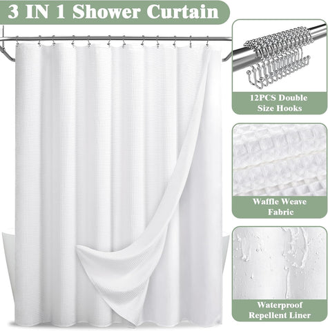 3 in 1 Shower Curtain Set Waffle Shower Curtain with Hooks and Liner Set, Cotton White Fabric Shower Curtains for Bathroom, Washable, 72Wx72L