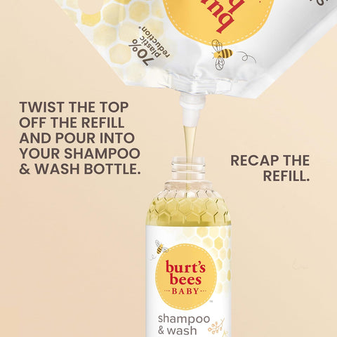 Burt's Bees Baby Shampoo and Baby Wash Refill, Original, Plant-Based Formula, Tear-Free, Pediatrician-Tested, Natural Origin, Gently Cleans Sensitive Skin and Hair, 33.8 Fl Oz