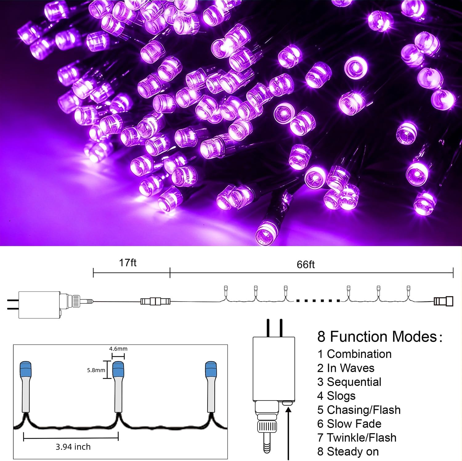 HOME LIGHTING 66ft Halloween Decorative Mini Lights, 200 LED Green Wire Fairy Starry String Lights Plug in, 8 Lighting Modes, for Indoor Outdoor Xmas Tree Wedding Party Decoration (Purple)