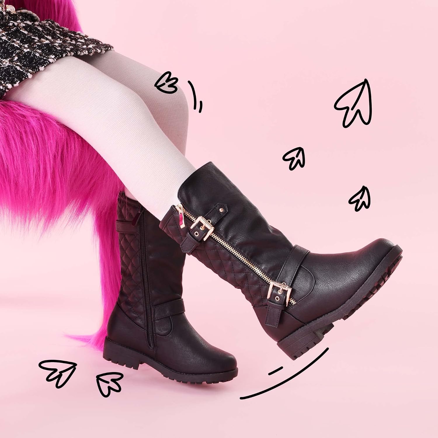 DREAM PAIRS Girls Faux Fur Lining Knee High Winter Motorcycle Riding Boots Toddler/Little Kid/Big Kid