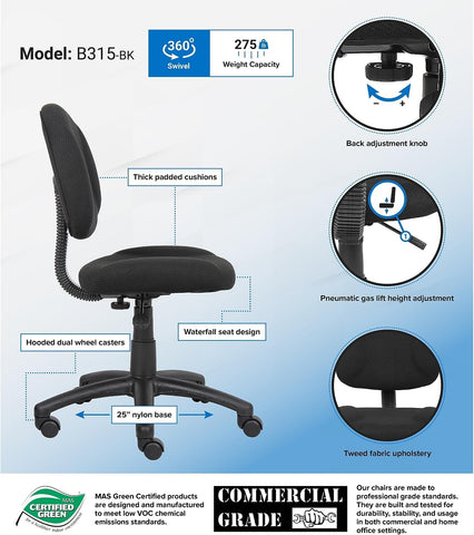 Boss Black Deluxe Posture Chair, Model Number: 217EBONY