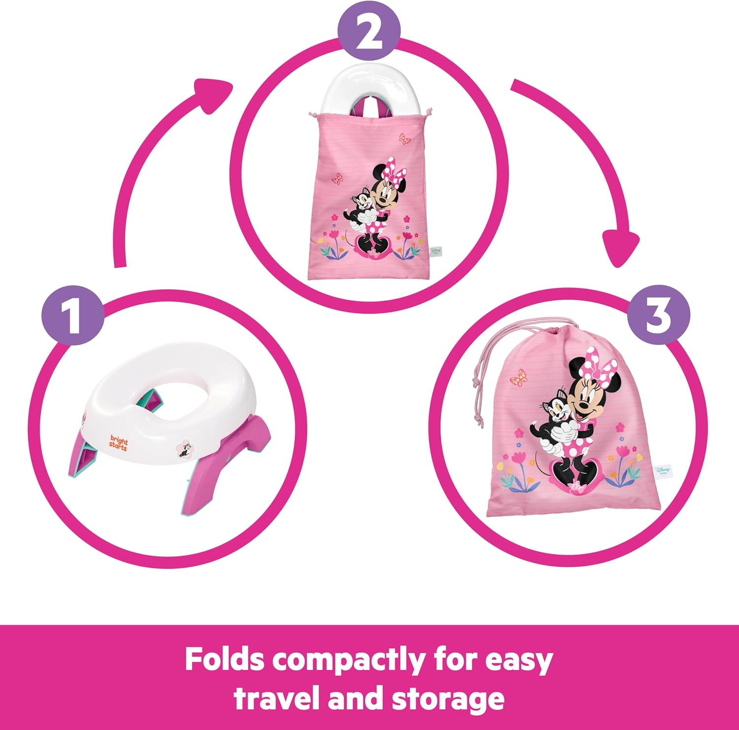 Disney Minnie Mouse My Travel Potty by Bright Starts, 2-in-1 Baby and Toddler Portable Potty Seat & Potty Ring, Lightweight Foldable, Includes Travel Bag & 3 Disposable Liners, Pink